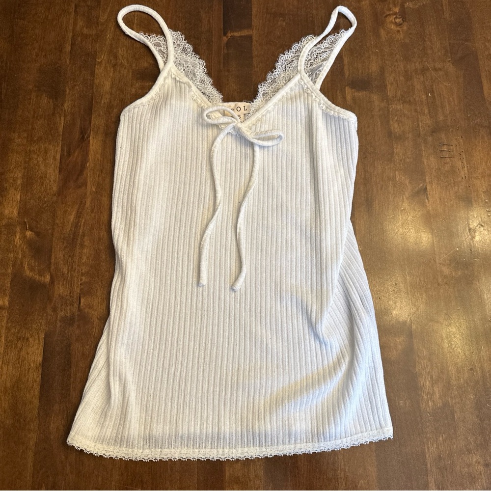 POL Anthropologie Small White Tank Top Ribbed Bow Lace Coquette‎ Stretchy Comfy